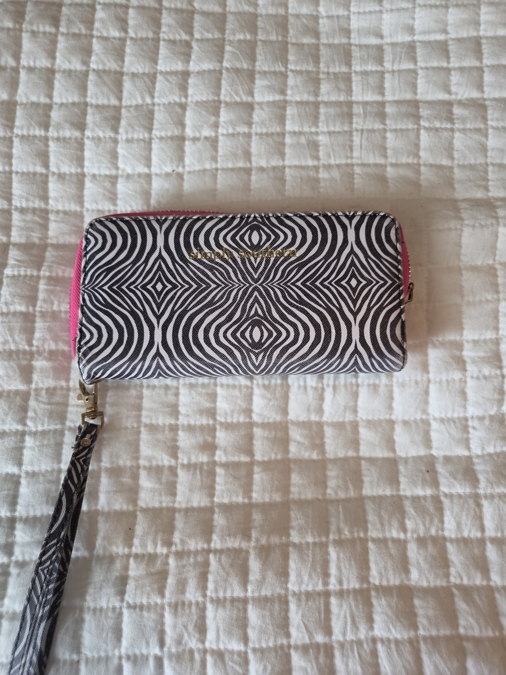 Simply Southern Black and White Patterned Zip Wallet with Pink Trim